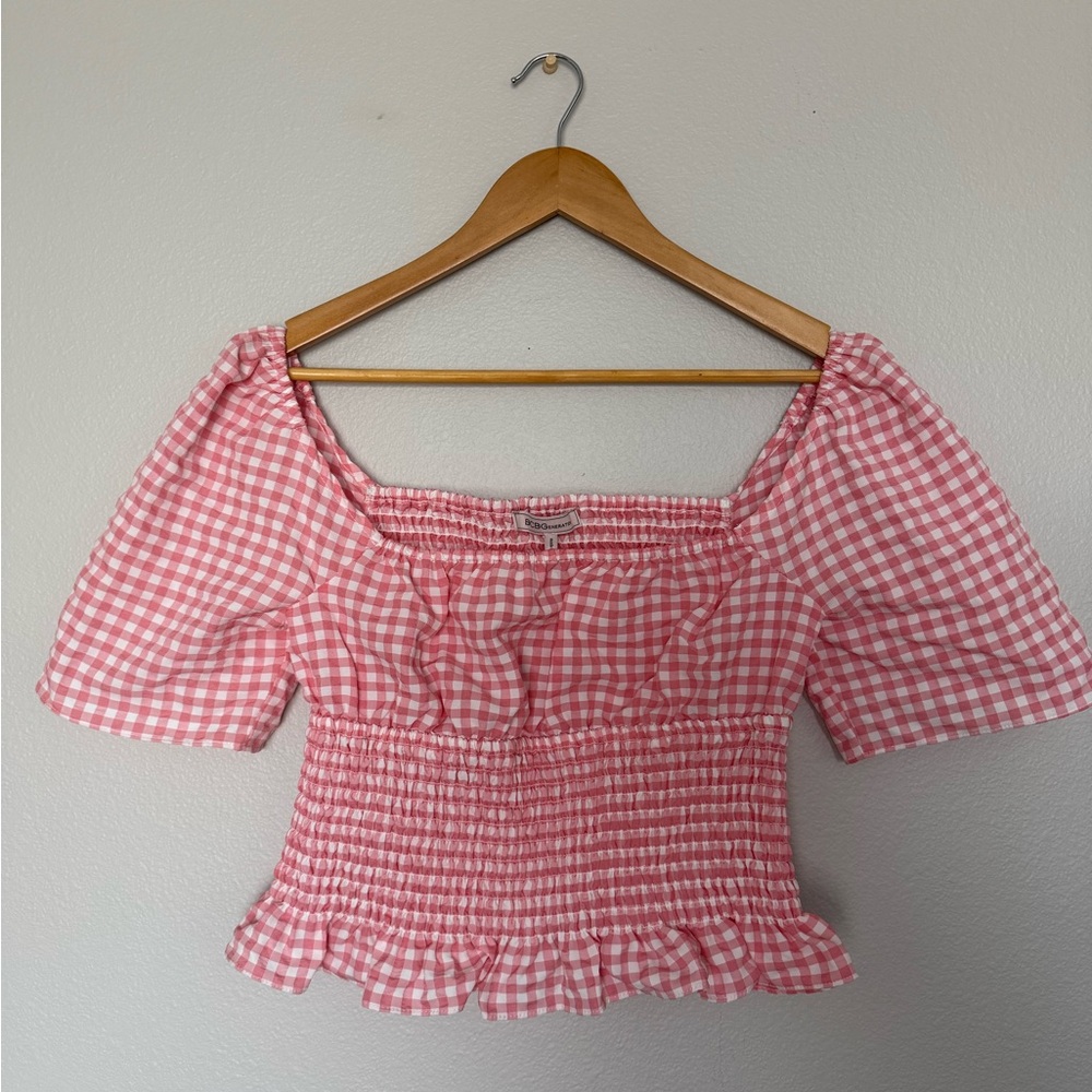 BCBGeneration Pink & White Gingham Smocked Women's Crop Top
